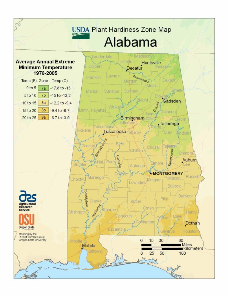 Alabama USDA Plant Hardiness Zone Map