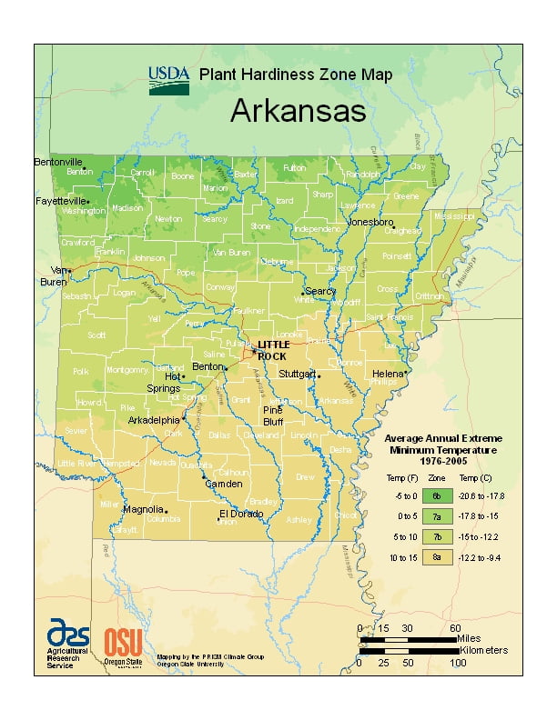 Arkansas USDA Plant Hardiness Zone Map