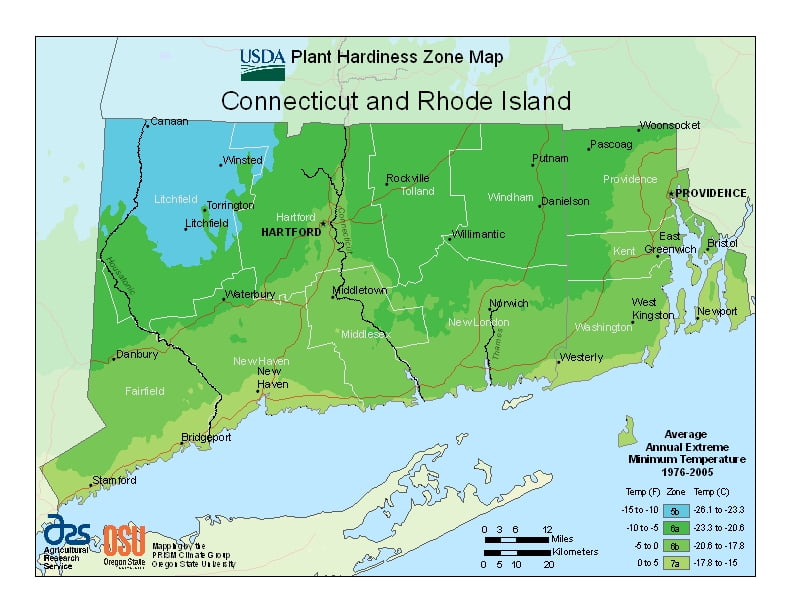 Connecticut and Rhode Island USDA Plant Hardiness Zone Map