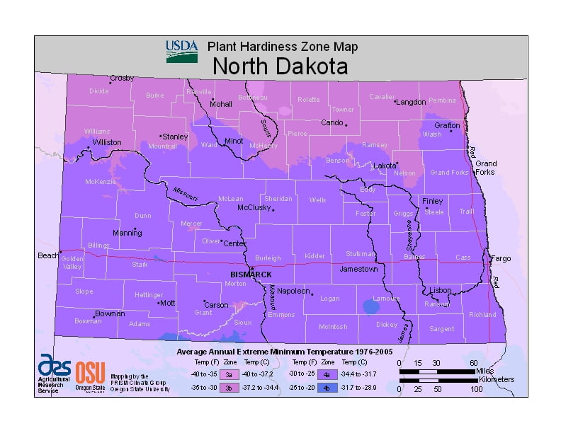 North Dakota USDA Plant Hardiness Zone Map