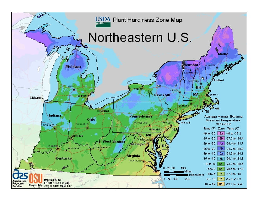 Northeastern USDA Plant Hardiness Zone Map