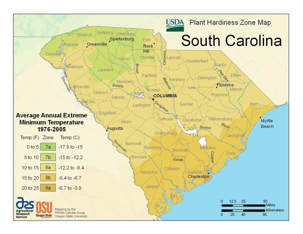 South Carolina USDA Plant Hardiness Zone Map