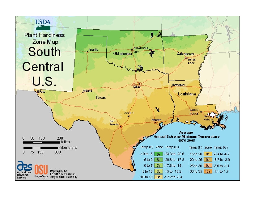 South Central United States USDA Plant Hardiness Zones Map