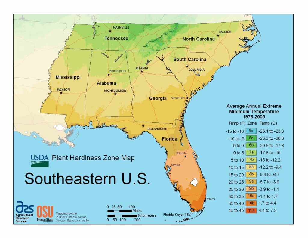 Southeastern United States USDA Plant Hardiness Map