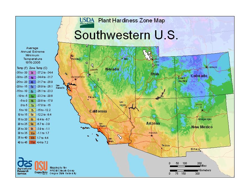 Southwestern United States USDA Plant Hardiness Map