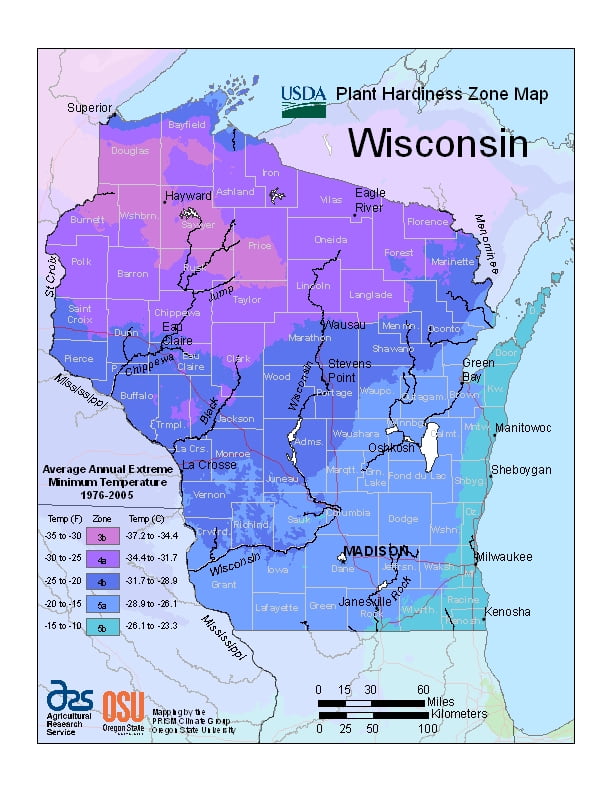 Wisconsin USDA Plant Hardiness Zone Map 